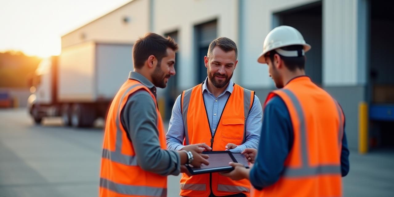 Professional logistics staff using tablets in a warehouse loading dock area