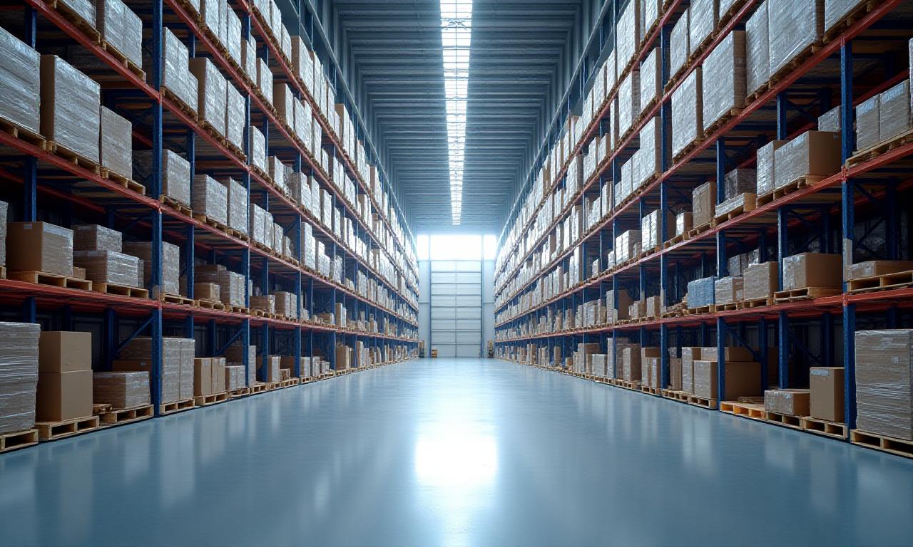 Large modern high-ceiling warehouse with organized freight racks and logistics activity