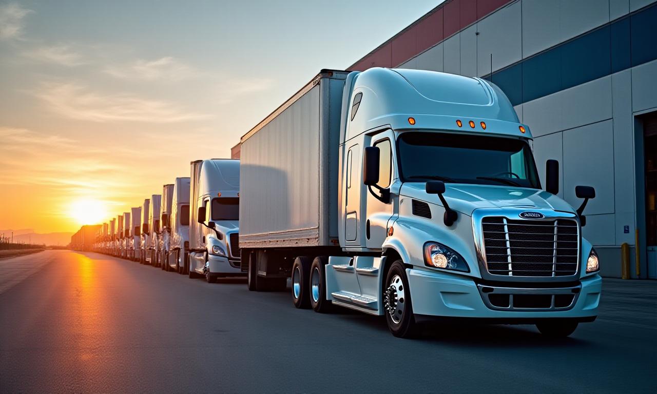 Modern logistics fleet line up at sunset